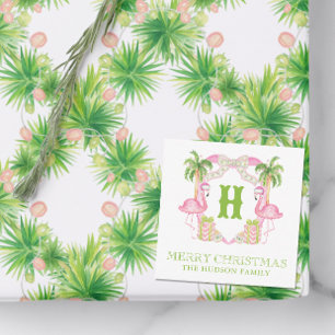 Aquarellpinken Flamingo Monogram Wappen Weihnachte Mitteilungskarte