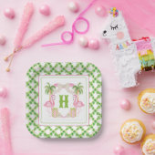 Aquarellpinken Flamingo Monogram Wappen Weihnachte Pappteller (Party)