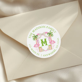 Aquarellpinken Flamingo Monogram Wappen Weihnachte Runder Aufkleber