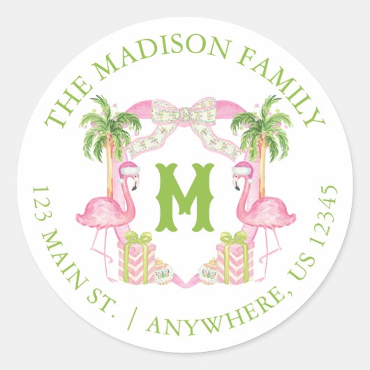 Aquarellpinken Flamingo Monogram Wappen Weihnachte Runder Aufkleber (Vorderseite)