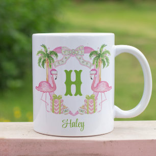 Aquarellpinken Flamingo Monogram Wappen Weihnachte Zweifarbige Tasse