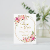 Aquarellpinken, floraler Goldrahmen Save the Date Ankündigungspostkarte (Stehend Vorderseite)