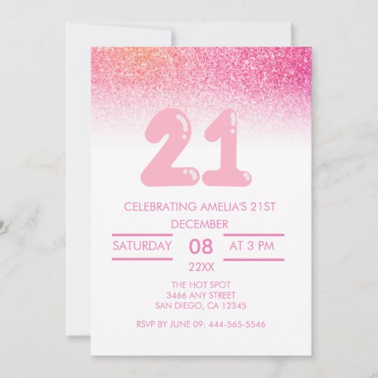 Aquarellpinken Glitzer 21. Geburtstag Einladung (Vorderseite)