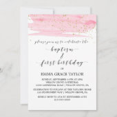 Aquarellpinken & Goldtaufe & 1. Geburtstag Einladung (Vorderseite)