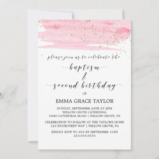 Aquarellpinken & Goldtaufe & 2. Geburtstag Einladung (Vorderseite)