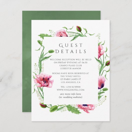 Aquarellpinken Poppies für Hochzeitgäste Details Begleitkarte (Vorne/Hinten)