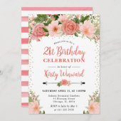 Aquarellpinken Rosen Blume 21. Geburtstag Einladung (Vorne/Hinten)