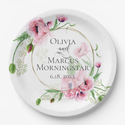 Aquarellpinken und Blätter Pappteller (Vorderseite)