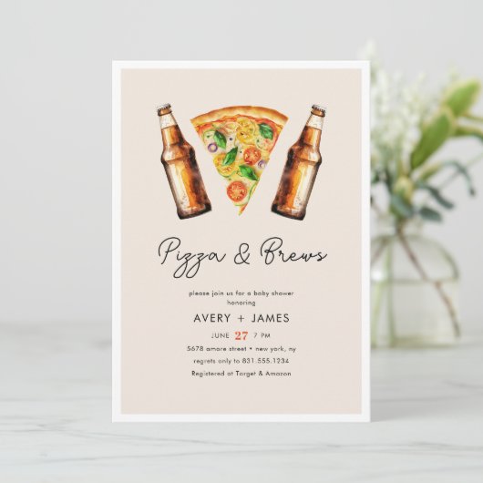 Aquarellpizza und Brews Co Ed Baby Dusche Einladung (Stehend Vorderseite)