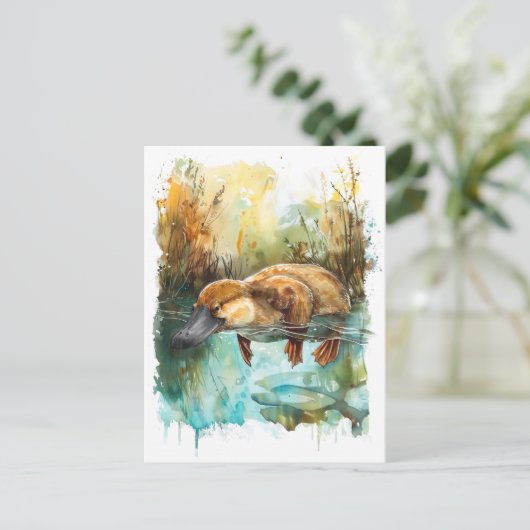 Aquarellplatypus Schwimmen im Teich Postkarte (Stehend Vorderseite)