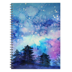 Aquarellplatz Art: Night Sky Trees Notizblock