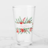 Aquarellpoinsettia und Grünpflanzen Weihnachten Glas (Vorderseite)