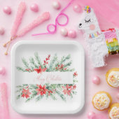 Aquarellpoinsettia und Grünpflanzen Weihnachten Pappteller (Party)