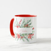 Aquarellpoinsettia und Grünpflanzen Weihnachten Tasse (Vorderseite Links)