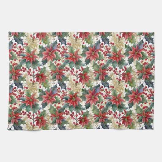 Aquarellpoinsettie und Weihnachtsmuster Geschirrtuch (Horizontal)