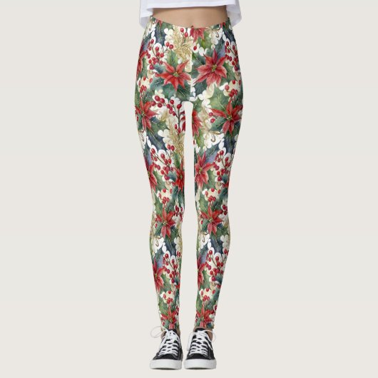 Aquarellpoinsettie und Weihnachtsmuster Leggings (Vorderseite)