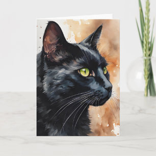 Aquarellporträt von schwarzer Katze Grüne Augen le Karte