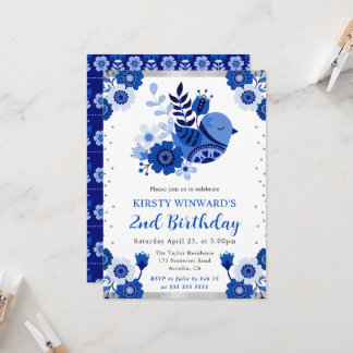 Aquarellporzellan Blumenvogel Geburtstag Einladung