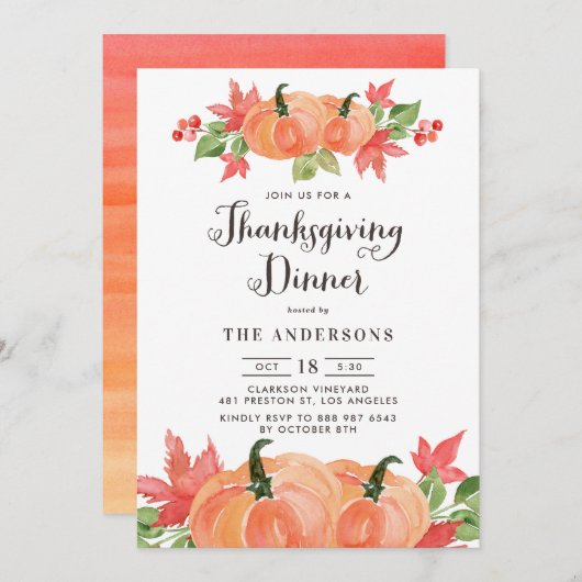 Aquarellpumpen Herbst Erntedank Abendessen Einladung (Vorne/Hinten)