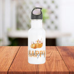 Aquarellpumpen & Orange Happy Thanksgiving Edelstahlflasche<br><div class="desc">Bestes Geschenk für Ihre Freunde und Familie,  Personalisierter Erntedank Text mit Herbstfarben. Glückliches Erntedankfest mit Aquarellpumpen mit Blume . Ideen zum Dekorieren Sie Zuhause auf Erntedank</div>