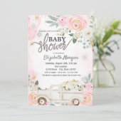 Aquarellpumpenwagen, Blume Kinderschuh Einladung (Stehend Vorderseite)