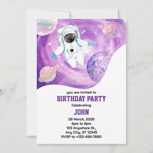 Aquarellraum Galaxy Astronaut Geburtstag Einladung (Vorderseite)