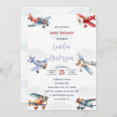 Aquarellraumflugzeug Wolken Kinderdusche Einladung (Vorne/Hinten)