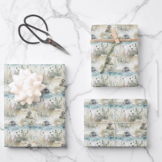 Aquarellrobben Küstenlandschaft Geschenkpapier Set (Vorderseite)