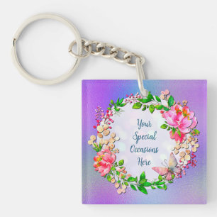 Aquarellrosa Blüten- und Schmetterlingsfeder Schlüsselanhänger