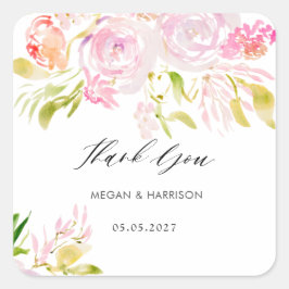 Aquarellrosa-Bouquet Danke Quadratischer Aufkleber