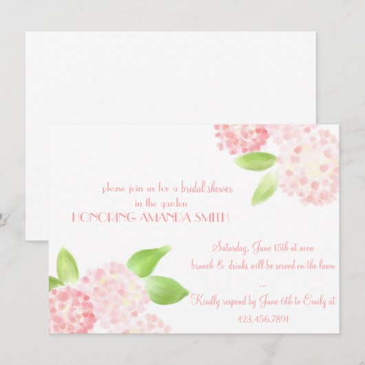 Aquarellrosa Hydrangea-Einladung Einladung (Vorne/Hinten)