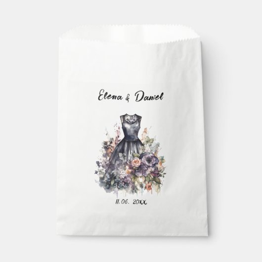 Aquarellrosa Lavendel Rose Schwarzes Kleid Hochzei Geschenktütchen (Vorderseite)