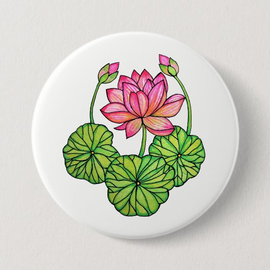 Aquarellrosa Lotus mit Buds & Blätter Button (Vorderseite)