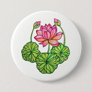 Aquarellrosa Lotus mit Buds & Blätter Button