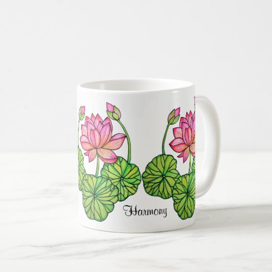 Aquarellrosa Lotus mit Buds & Blätter Kaffeetasse (VorderseiteRechts)