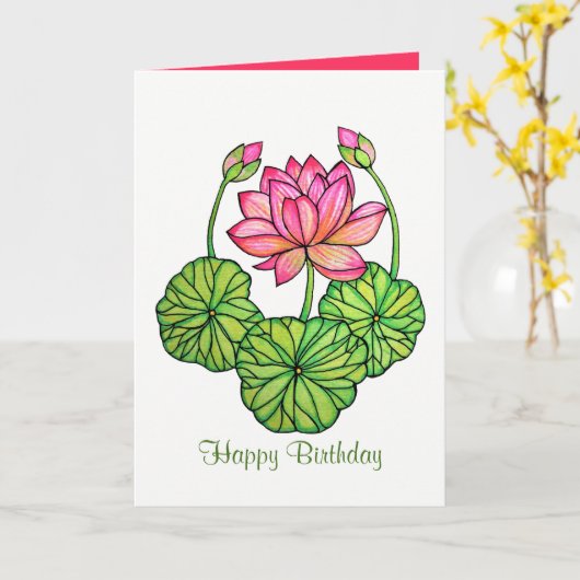 Aquarellrosa Lotus mit Buds & Blätter Karte (Gelbe Blume)