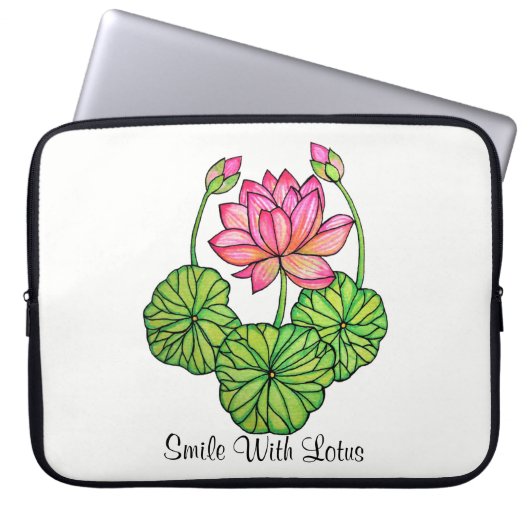 Aquarellrosa Lotus mit Buds & Blätter Laptopschutzhülle (Vorderseite)