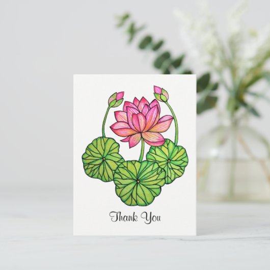 Aquarellrosa Lotus mit Buds & Blätter Postkarte (Stehend Vorderseite)
