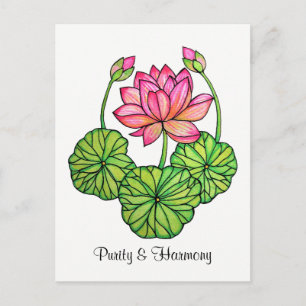 Aquarellrosa Lotus mit Buds & Blätter Postkarte