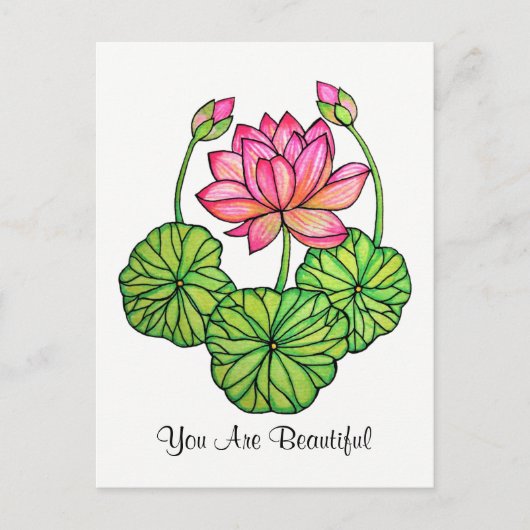 Aquarellrosa Lotus mit Buds & Blätter Postkarte (Vorderseite)