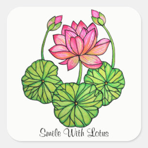 Aquarellrosa Lotus mit Buds & Blätter Quadratischer Aufkleber