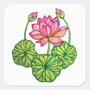 Aquarellrosa Lotus mit Buds & Blätter Quadratischer Aufkleber