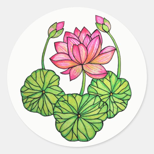 Aquarellrosa Lotus mit Buds & Blätter Runder Aufkleber (Vorderseite)