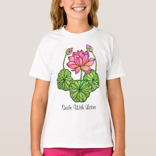Aquarellrosa Lotus mit Buds & Blätter T-Shirt (Vorderseite)