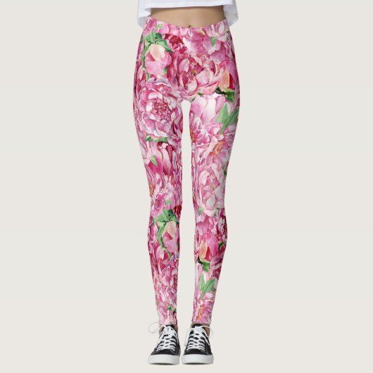 Aquarellrosa-Peonies Leggings (Vorderseite)