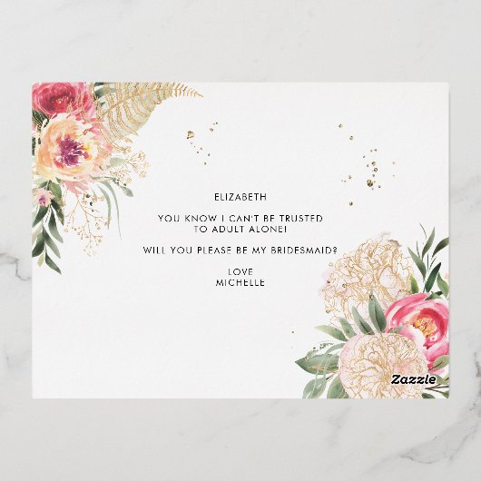 Aquarellrosa-Peonies werden Sie meine Bridesmaid s Folie Einladungspostkarte (Rückseite)