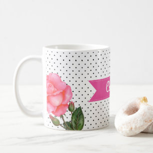 Aquarellrosa Rosen auf Schwarz-weißen Polka-Punkte Kaffeetasse
