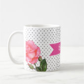 Aquarellrosa Rosen auf Schwarz-weißen Polka-Punkte Kaffeetasse (Links)