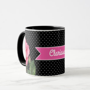 Aquarellrosa Rosen auf Schwarz-weißen Polka-Punkte Tasse