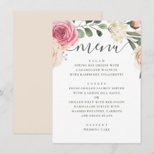 Aquarellrosa Rosen. Hochzeit mit Blumen Menükarte